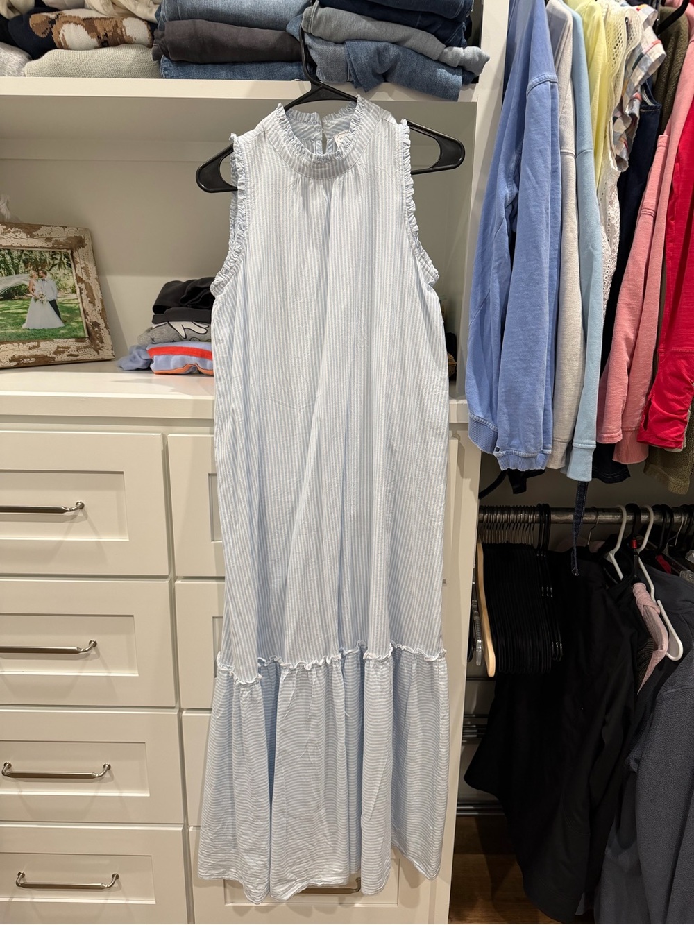 Mud Pie Blue and White Pinstripe Ruffle-Trim Maxi Dress